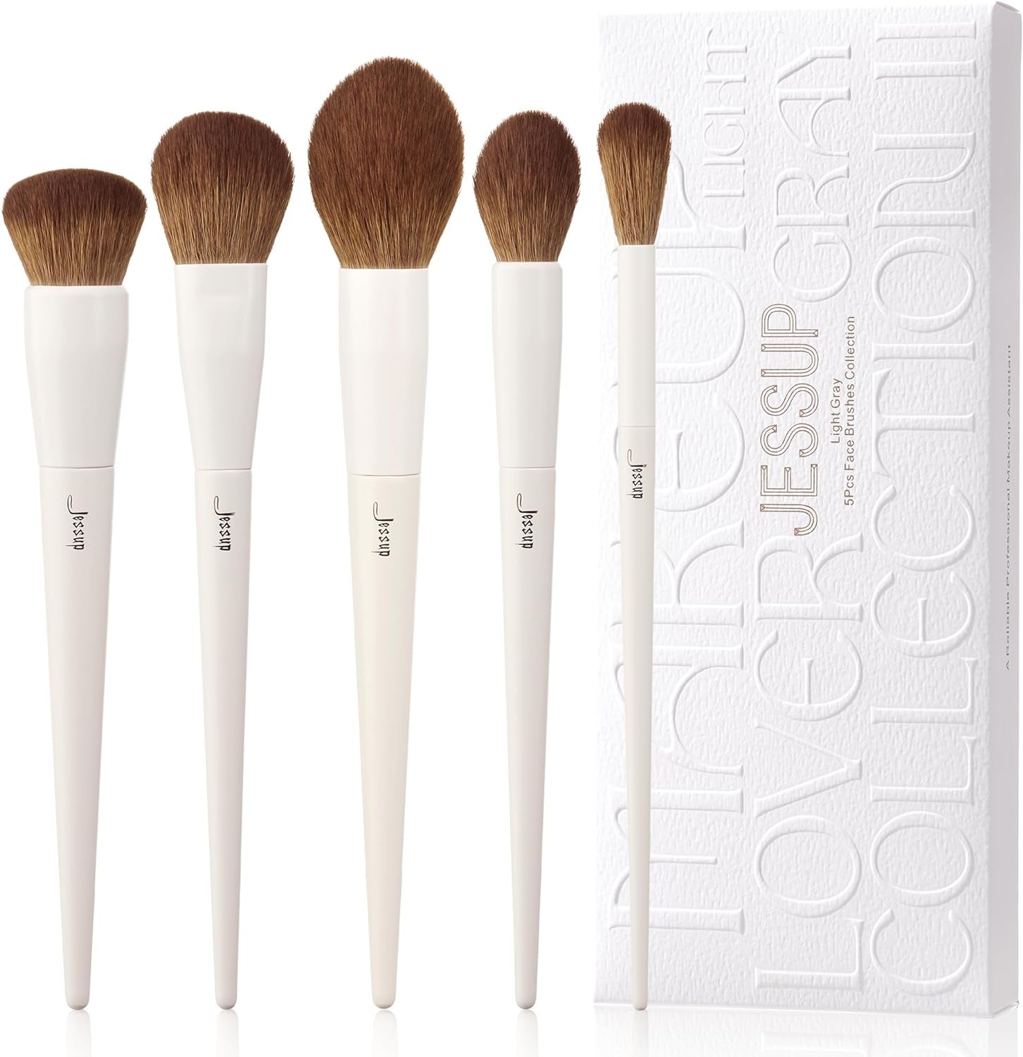 Achieve Flawless Beauty with Our 5-Piece Vegan Makeup Brush Set! 🌟 Soft Brushes for Foundation, Contour, Highlight, and Setting Powder in Trendy Light Grey! 🖌️💖 #VeganBeauty #MakeupMustHaves