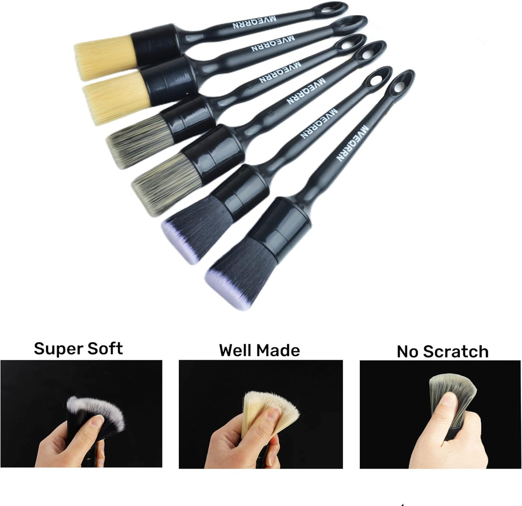 6Pcs Car Detailing Brush Set-2Pcs Boars Hair Car Detailing Brushes,2Pcs Ultra Soft No Scratch Detailing Brush for Air Vent,Leather Seat 2Pcs Detail Brushes Car Detailing for Interior Exterior