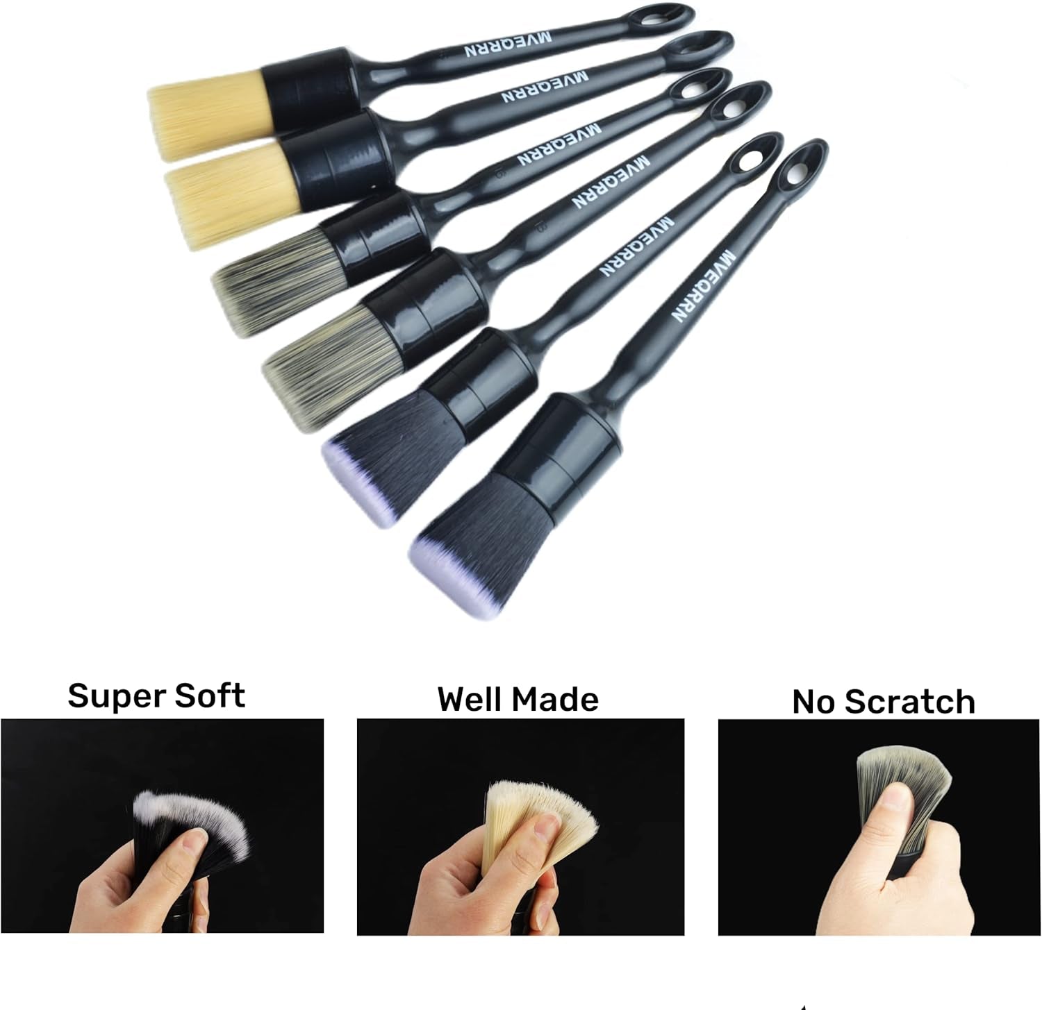 6Pcs Car Detailing Brush Set-2Pcs Boars Hair Car Detailing Brushes,2Pcs Ultra Soft No Scratch Detailing Brush for Air Vent,Leather Seat 2Pcs Detail Brushes Car Detailing for Interior Exterior
